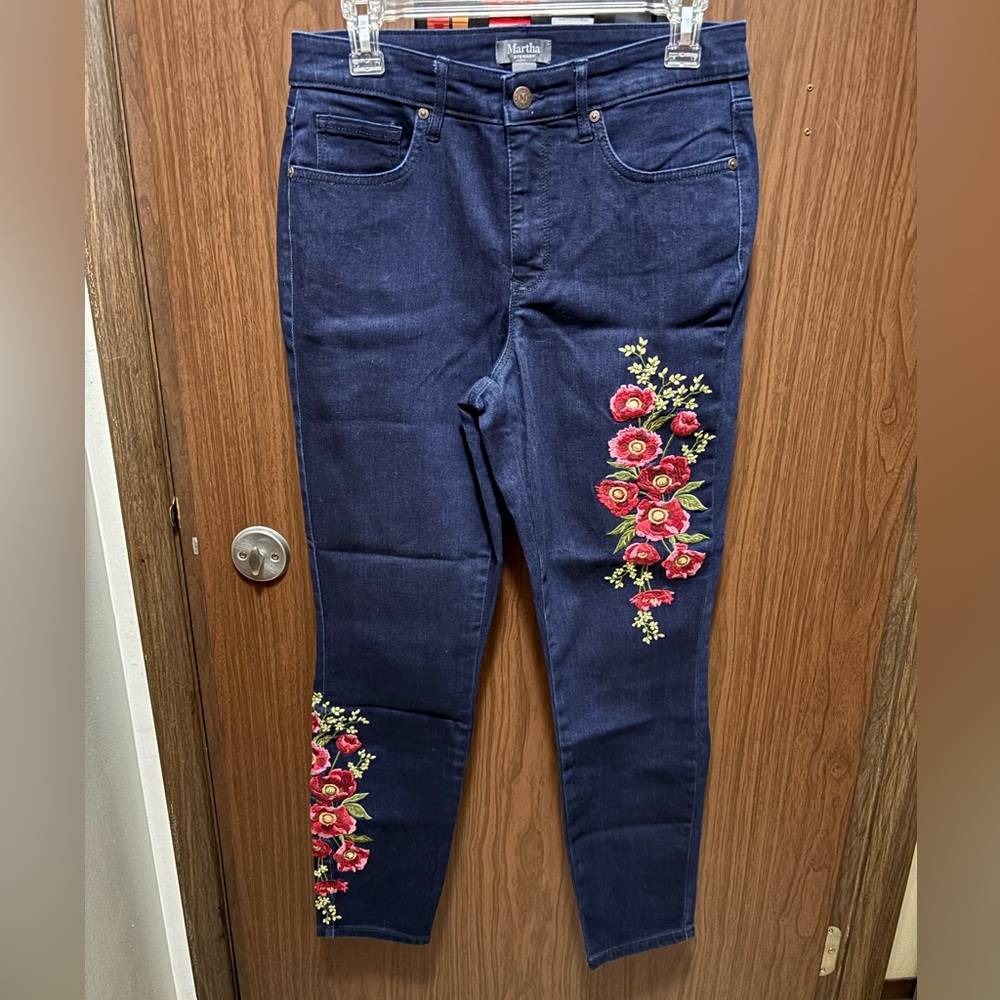 Martha Stewart Dark Blue Jeans with Red Floral Embroidery